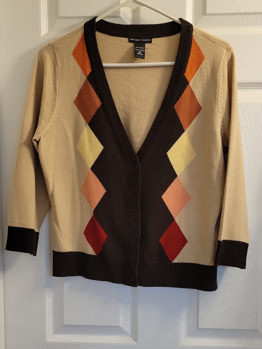 New York & Company V-Neck Argyle Button-Front Cardigan with Brown Trim Sz M